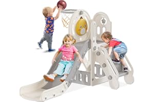 BIERUM 5 in 1 Toddler Slide, Slide for Toddlers Age 1-3 with Basketball Hoop and Ball, Slide for Kids, Indoor Outdoor Backyard Playground Cute Duck Theme Baby Slide Toy White Gray