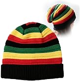 Mrxxjz Striped Rasta Slouchy Beanie, Unisex Reggae Style Knitted Skull Cap | Relaxed fit colorful knit hat for concerts and daily wear, suitable for cold weather with Jamaican reggae style.