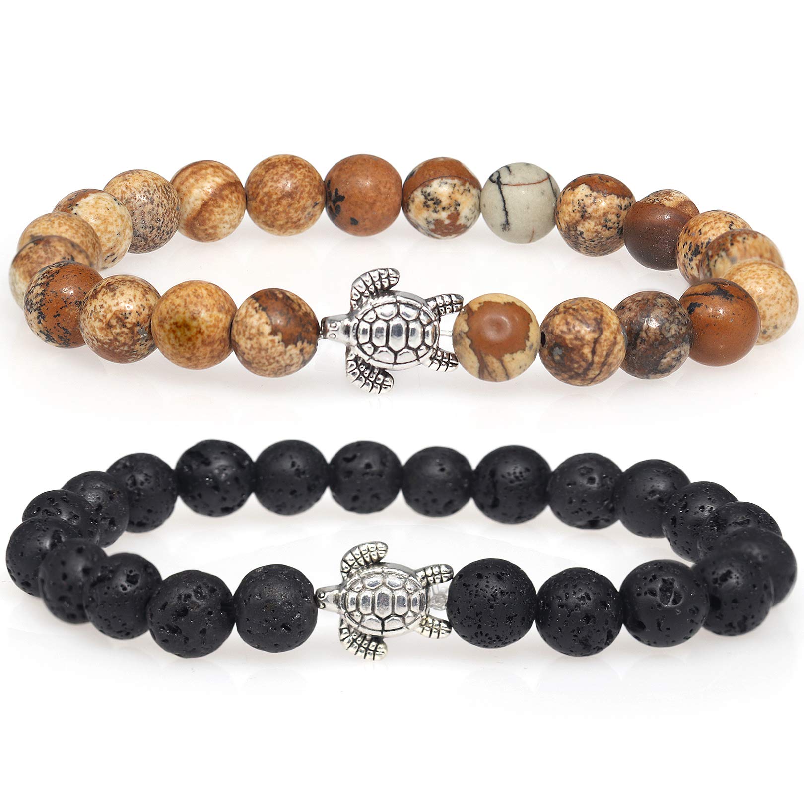 YooAi Turtle Bracelet 2Pcs Nature Stone Beads Bracelets for Women Elastic Rope Adjust Bracelets PicVolcanic Stone