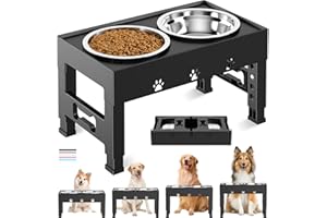 LAKIPETN Elevated Dog Bowls with 2 Stainless Steel Bowls, Raised Dog Food Bowl Stand 5 Height Adjustable (3.1", 9", 10", 11", 12") Non-Slip Feeder Station Set for Medium and Large Dogs - Black