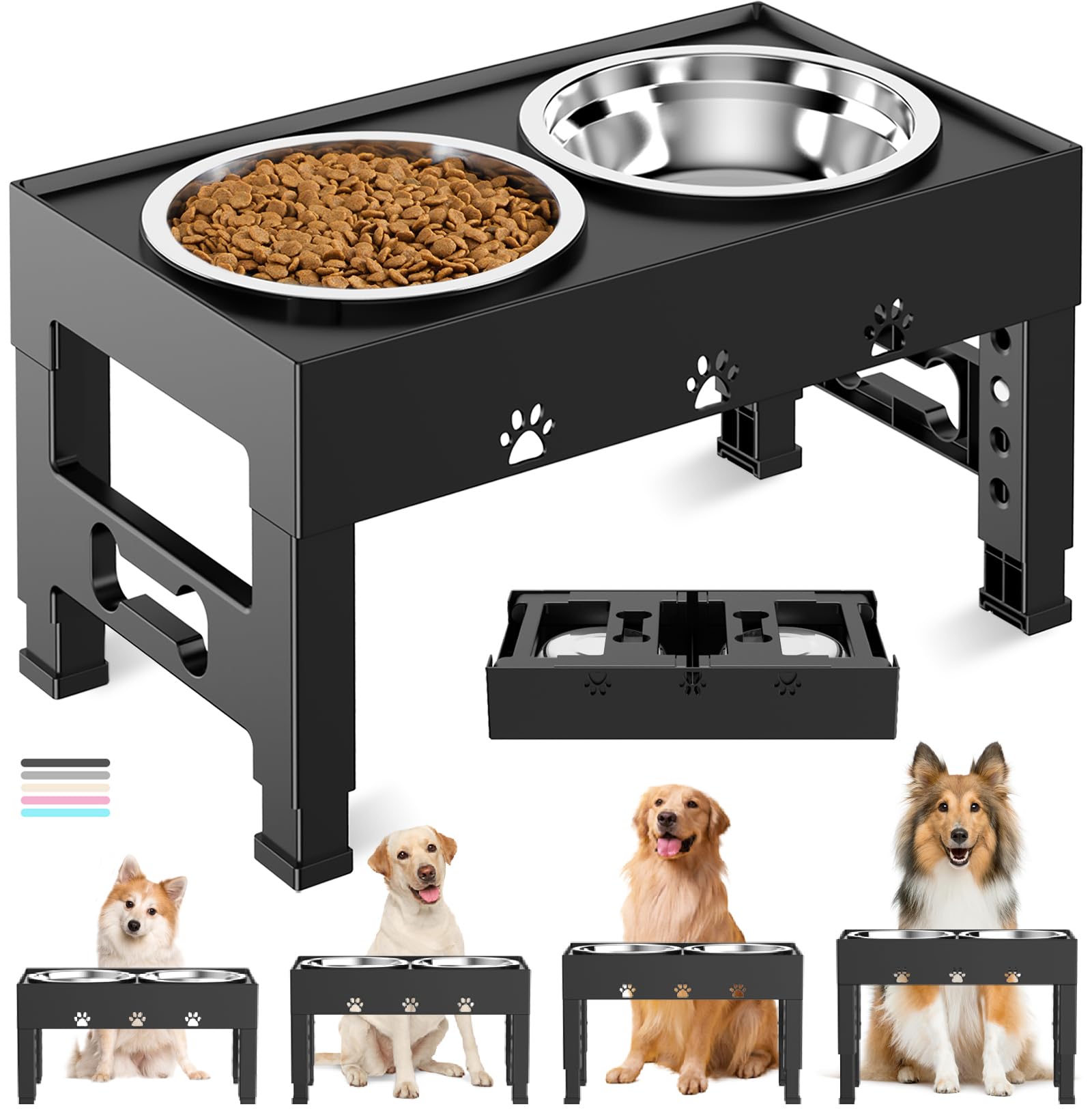 Photo 1 of * DIRTY FROM TRANSPORT, BUT UNUSED *  Elevated Dog Bowls with 2 Stainless Steel Bowls, Raised Dog Food Bowl Stand 5 Height Adjustable (3.1", 9", 10", 11", 12") Non-Slip Feeder Station Set for Medium and Large Dogs - Black