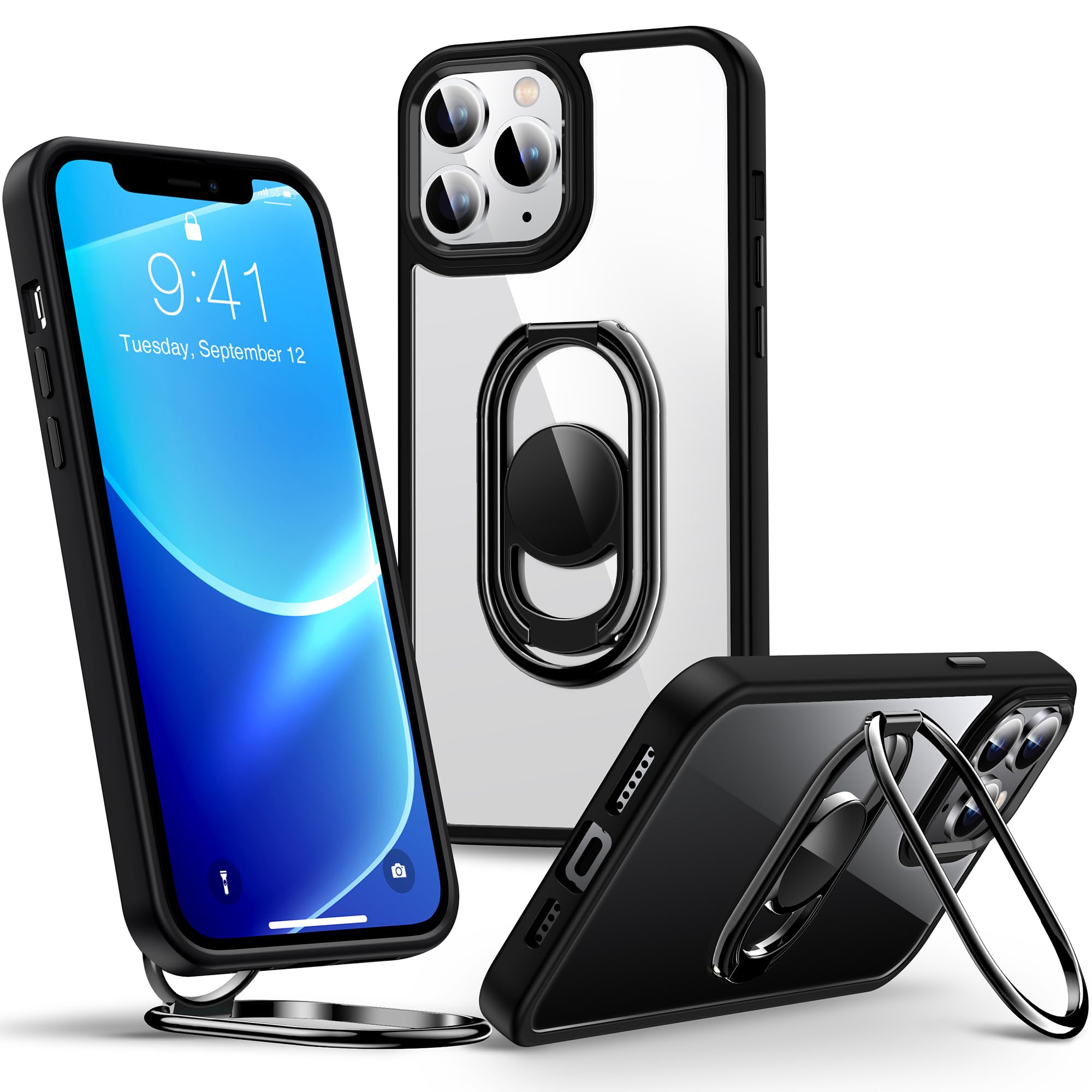 Shields Up for iPhone 11 Pro Case with Stand, Phone Case Clear with Double Ring Holder [Adjustable & Foldable] Shockproof Protective Cover for iPhone 11 Pro 5.8 inch - Clear Black