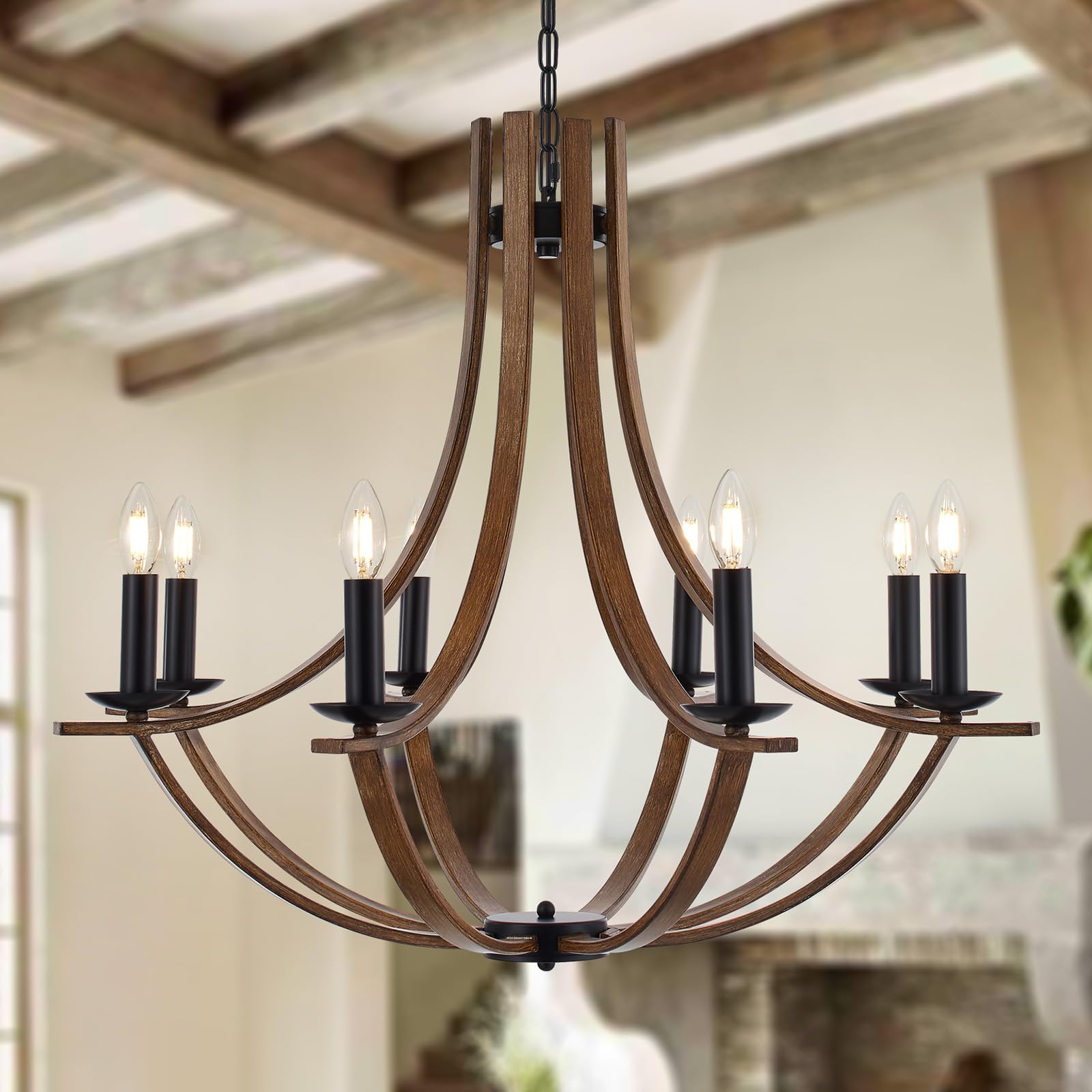 Photo 1 of Widluth 31.5" Large Wooden Chandelier 8-Lights Vintage Farmhouse Candle Style Chandeliers with Wood Finish Metal Industrial Retro Rustic Black Chandelier for Dining Room, Kitchen, Living Room, E12