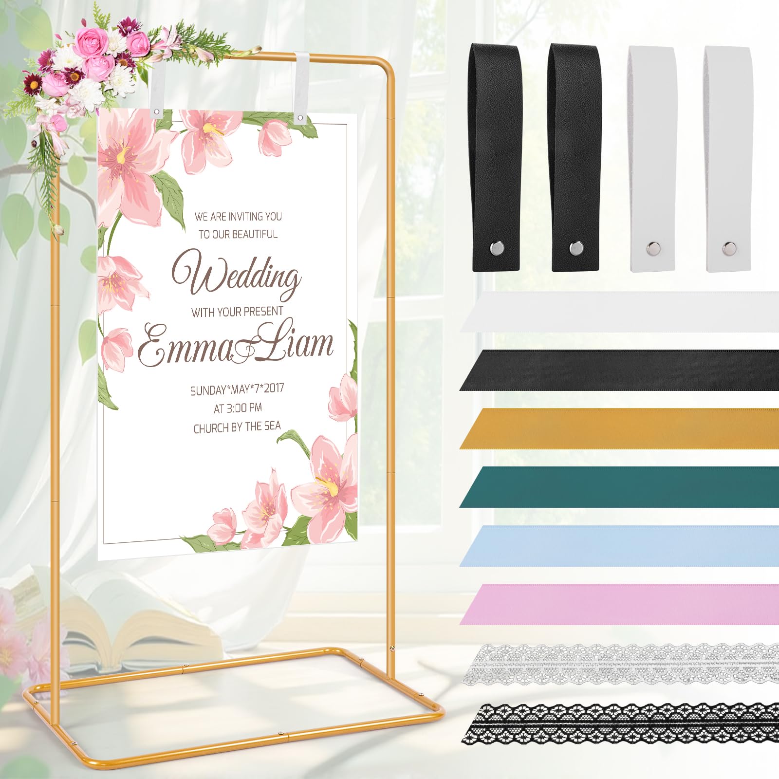 Photo 1 of Nordswal Welcome Sign Stand, Adjustable Welcome to Our Wedding Sign Holder with Leather Hanging Straps & Satin Ribbon, Heavy Duty Metal Easel Floor Standing for Indoor Outdoor Reception Gold