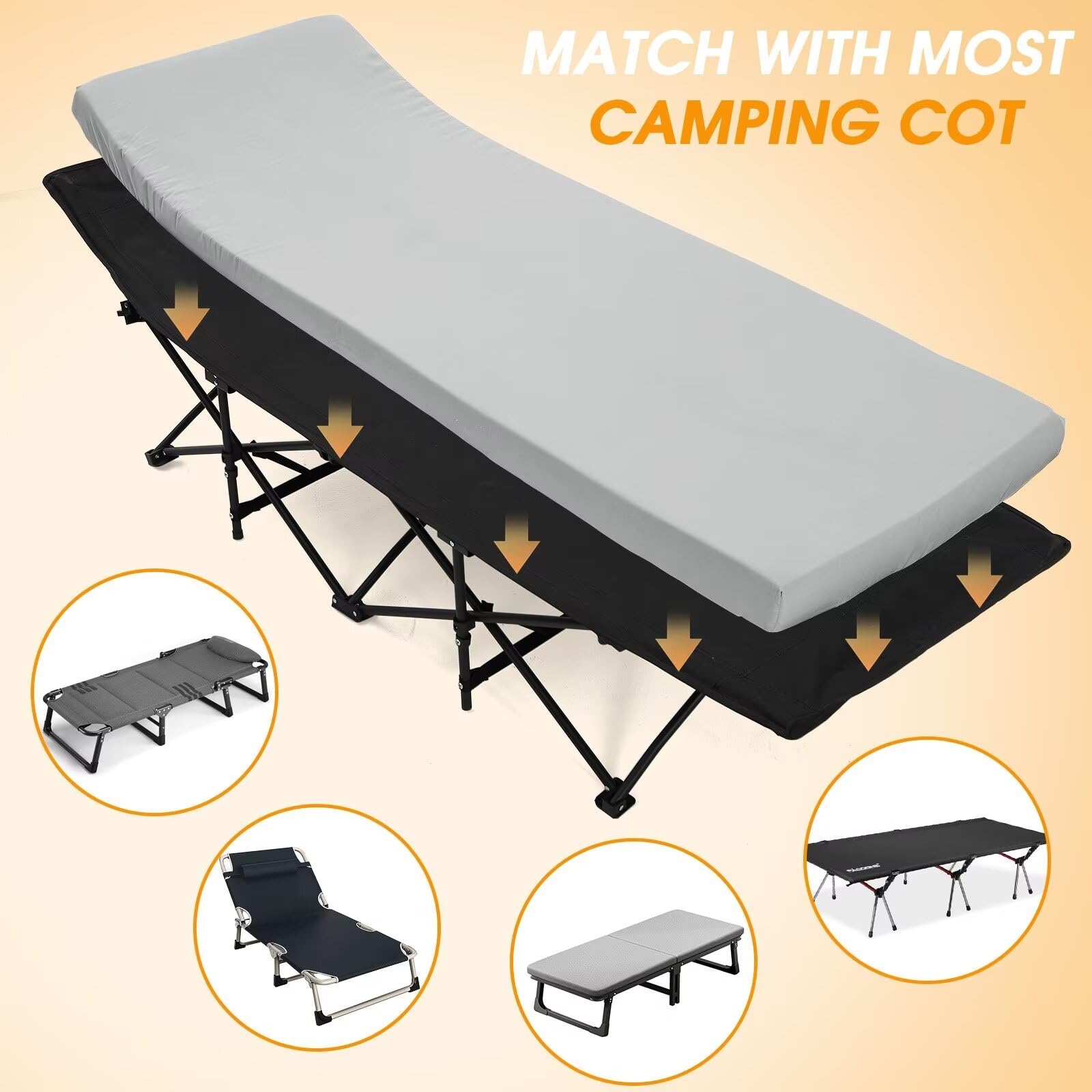 CYMULA Camping Cot Mattress 2in Memory Foam Sleeping Pad,Soft Warm Non-Slip Camping Mattress Topper with Retaining for Adults,Portable Roll up Pad for Travel(75 x30)（only Mattress）
