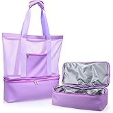 Abbylike Large Mesh Beach Tote Bag with Insulated Cooler and Pocket Detachable Waterproof Sandproof Picnic Swim Pool Bag(Light Purple)