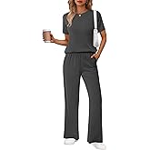 Ekouaer Lounge Sets for Women 2 Piece Matching Travel Outfits 2026 Loose Short Sleeve Top Wide Leg Pants Pockets