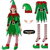DERJLY Christmas Girls Elf Costume: 6-Pack Kit Kids Holiday Helper Outfit with Velvet Dress Shoes Hat Belt Sock Ear