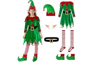 DERJLY Christmas Girls Elf Costume: 6-Pack Kit Kids Holiday Helper Outfit with Velvet Dress Shoes Hat Belt Sock Ear
