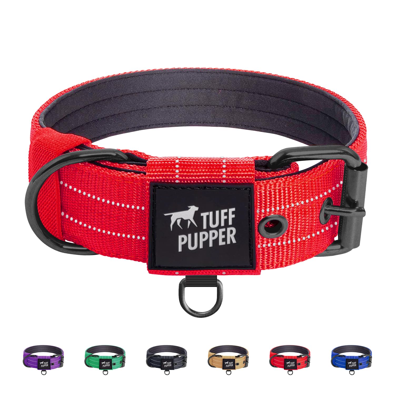 Photo 1 of Tuff Pupper Heavy Duty Tactical Dog Collar | 1.5" Wide Ballistic Nylon | Reflective Stitching | Integrated ID Tag Holder | Stainless Steel Buckle | Padded Lining | Medium & Large Dogs (Red, Large)