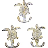 Wowser Distressed White Sea Turtle Cast Iron Wall Hook, Yellow Accents, Wall Décor, Set of 3, 4 3/4 Inch