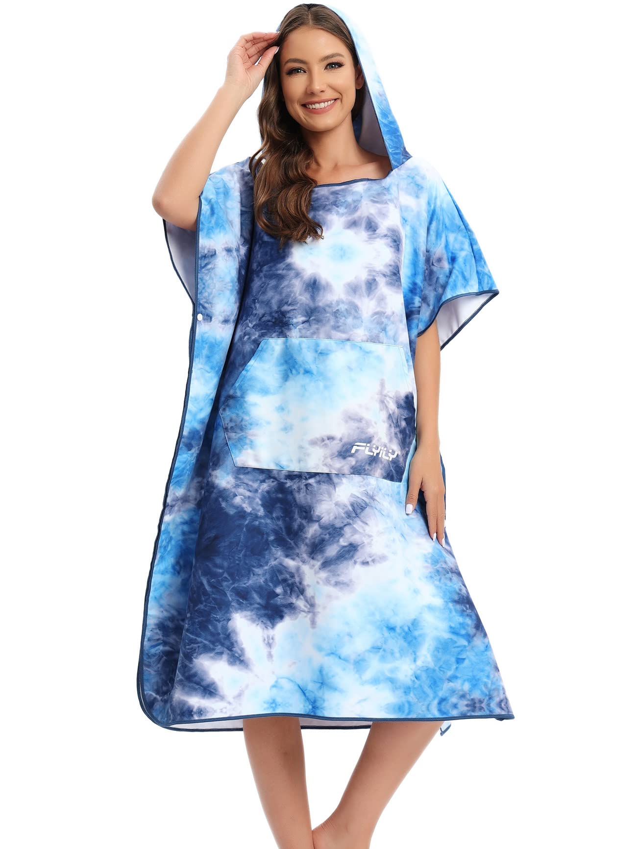 FLYILY Microfibre Surf Poncho Towel with Hood Bath Robe for swimming and beach changing One Size Fit All adults (BluePrint) — image 1