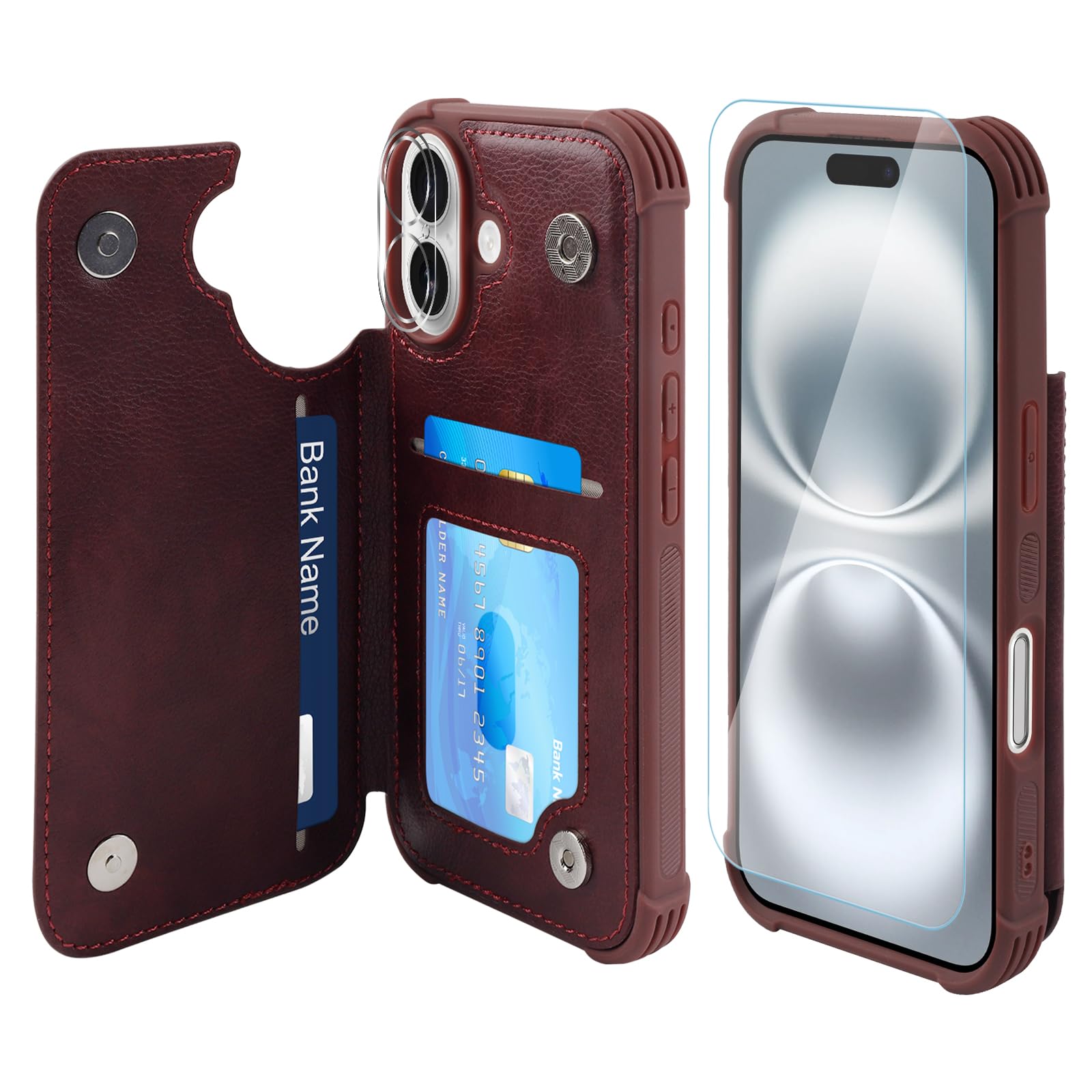 VANAVAGY Compatible for iPhone 16 Wallet Case with Credit Card Holder,Rfid Block Leather Flip Folio Phone Cover Fits Magnetic Car Mount and Stand with Screen Camera Protector,Burgundy