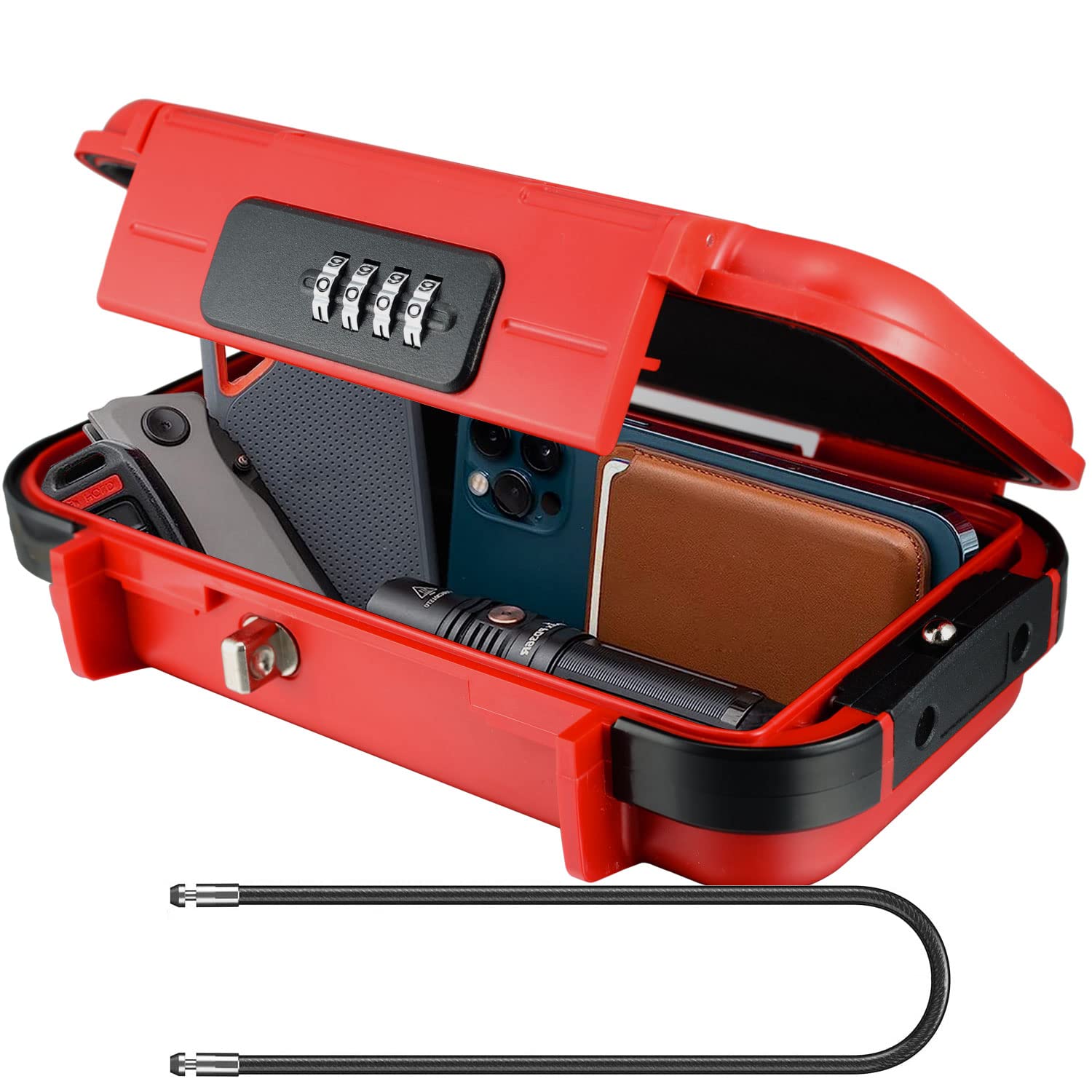 V·RESOURCING Portable Security Lock Box with 4 Digit Code, Outdoor Key Safe Removable Wire Rope, Waterproof Shockproof Combination for Home, Office, Hotel, Travel, Water Sports etc, Red