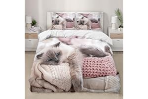 AILONEN Cat Duvet Cover Set, King Size, Kawaii Pet Animal Cat Lover Comforter Cover Set, 3 Pieces, 1 Quilt Cover and 2 Pillowcases