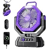 AJVV Camping Fan Rechargeable, Battery Powered Fan With Remote Controller, LED Light, Dual Motors, Stepless Speed, 45°/90°/270° Swing,Timer, Portable fan For Travel/Tent/Beach/Fishing,Violet