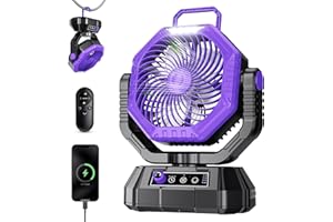 AJVV Camping Fan Rechargeable, Battery Powered Fan With Remote Controller, LED Light, Dual Motors, Stepless Speed, 45°/90°/270° Swing,Timer, Portable fan For Travel/Tent/Beach/Fishing,Violet