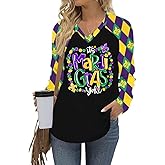 Mardi Gras Shirts for Women：Fat Tuesday Carnival V Neck Long Sleeve Shirt Funny New Orleans Party Tee Tops