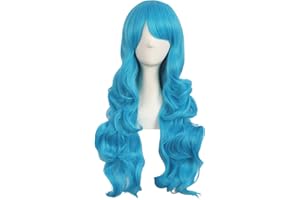 MapofBeauty 28 Inch/70cm Charming Women Side Bangs Long Curly Full Hair Synthetic Wig (Cyan Blue)