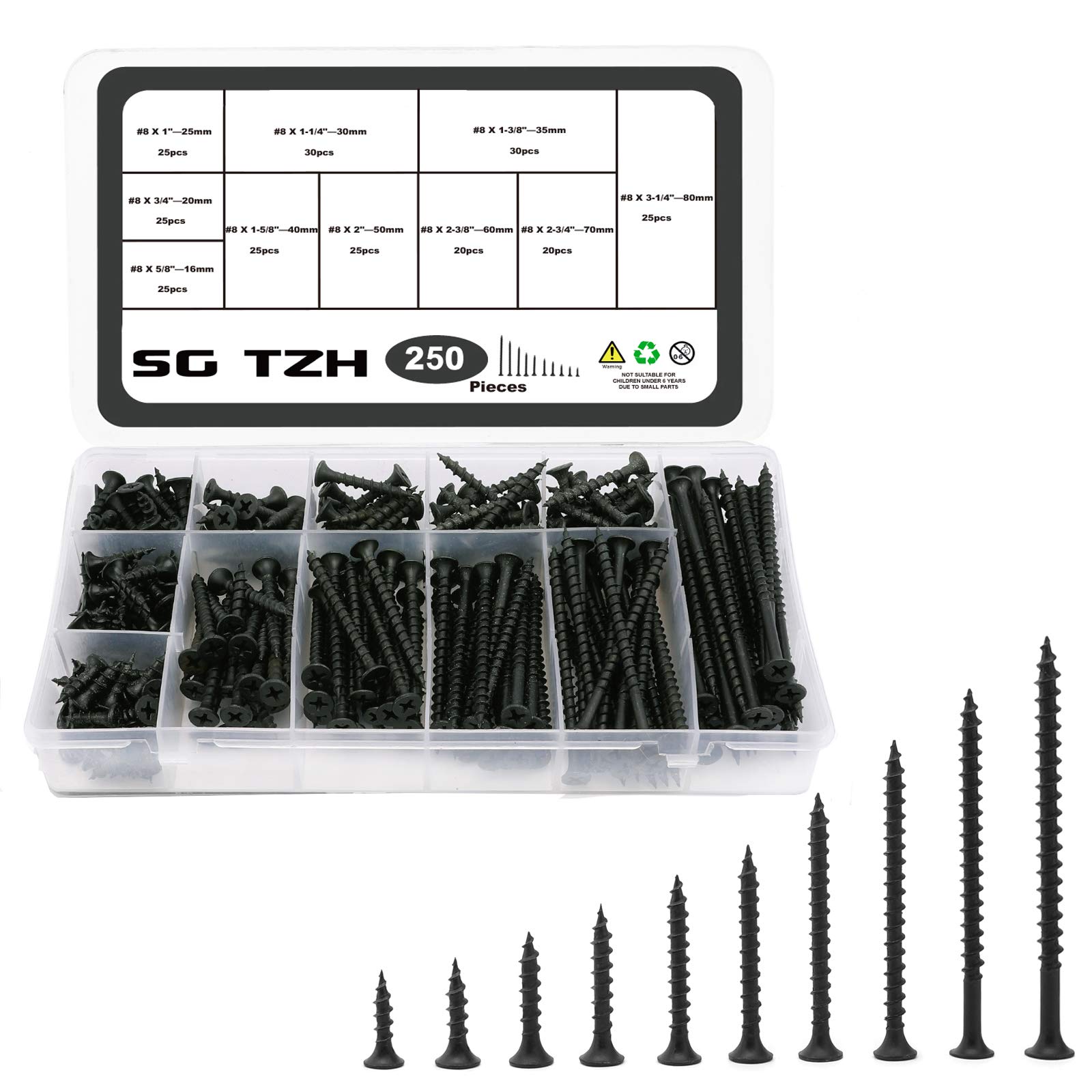 Photo 1 of #8 Drywall Screws 250PCS Black Carbon Steel Flat Head Fast Self Tapping Drywall Screws,Wood Screws,Wood Screws Assortment Set by SG TZH