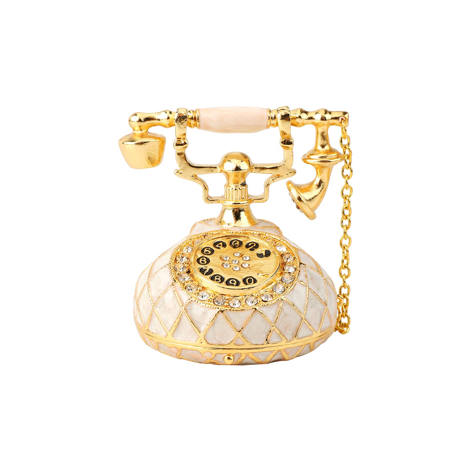 QIFU Hand Painted Small White Telephone Style Enameled Trinket Box Hinged, Unique Gift for Family