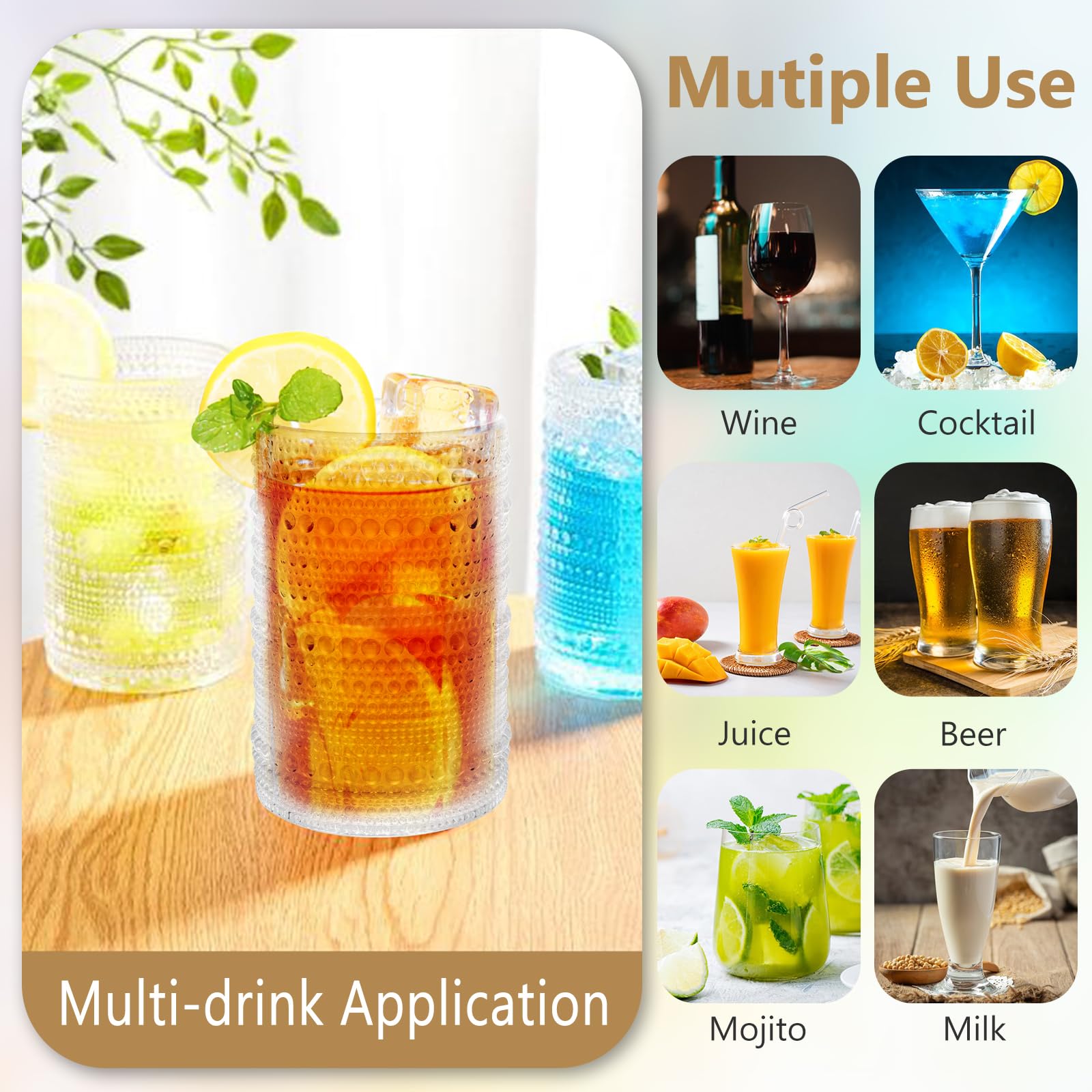 Ulable Hobnail Drinking Glasses, 13.5 oz Clear Drinking Glasses, Vintage Glassware, Water Glasses Set of 6 for Beer, Cocktail, Soda, Whiskey, and Various Mixed Drinks