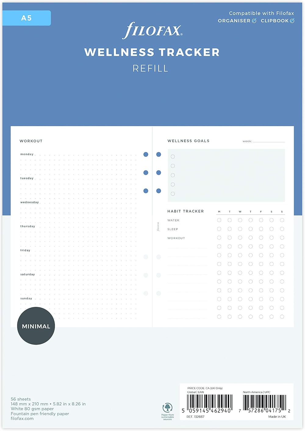Filofax A5 Minimal Wellness Tracker Refills 56 Sheets 80gsm White