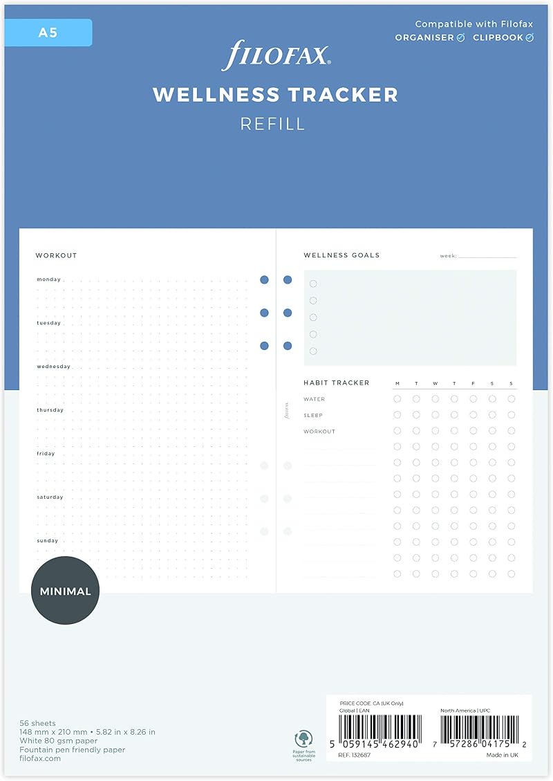 Filofax A5 Minimal Wellness Tracker Refills 56 Sheets 80gsm White