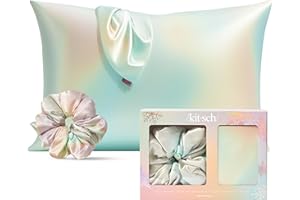 Kitsch Satin Pillowcase with Zipper for Hair & Skin - Softer Than Silk, Machine Washable, Wrinkle-Free - Queen/Standard (19x26) with Satin Scrunchie No-Damage Silk Hair Tie - Aura
