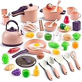 60Pcs Kids Mini Play Kitchen Accessories, Pretend Cooking Play Set with Cookware, Tableware & Fruit & BBQ Sets, Learning Gift for Boys, Girls, Toddlers,Pink