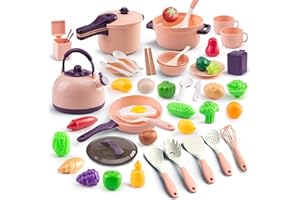 BRUVOALON 56Pcs Mini Play Kitchen Accessories for Kids, Pretend Cooking Playset with Cookware, Tableware & 2 Fruit Sets, Learning Gift for Girls, Boys, Toddlers, Pink