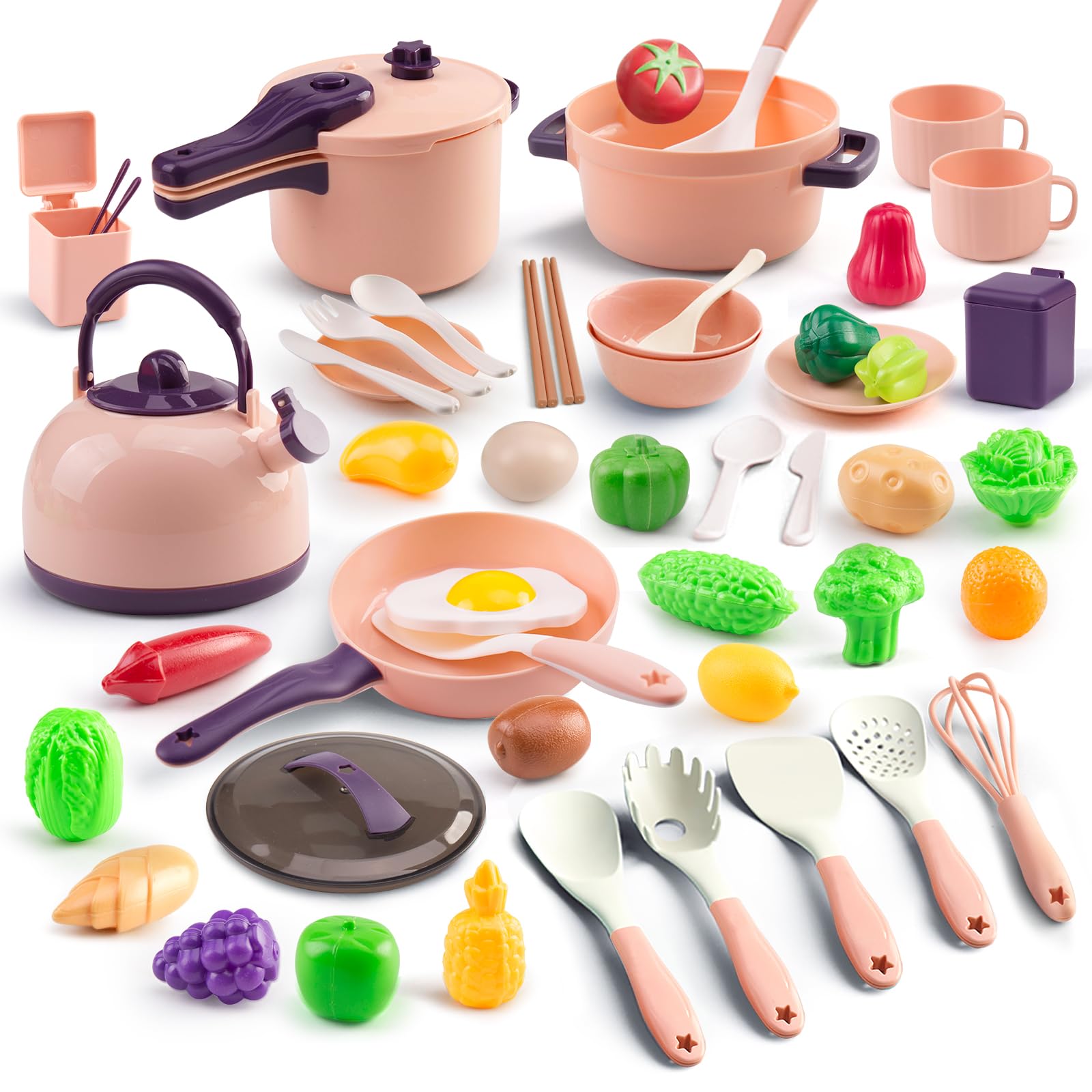 Photo 1 of 56Pcs Mini Play Kitchen Accessories for Kids, Pretend Cooking Playset with Cookware, Tableware & 2 Fruit Sets, Learning Gift for Girls, Boys, Toddlers, Pink