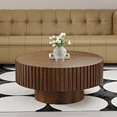 FeiZhiYanS Round Handcraft Fluted Coffee Table (G) | Sturdy Stable Pedestal, Modern Luxury Drum Center Table, Circle Accent Base, for Living Room Apartment