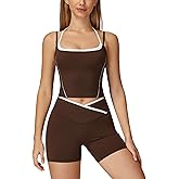 ABOCIW Workout Sets for Women 2 Piece Color Block Layered Cropped Tank Top Crossover High Waist Biker Shorts Gym Sets