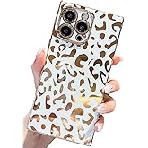 KERZZIL Elegant Compatible with iPhone 14 Pro Max Rectangle Edge Case, Cute Luxury Leopard Pattern Plating Case Camera Protector Soft TPU Shockproof Protective Corner Back Cover(White)