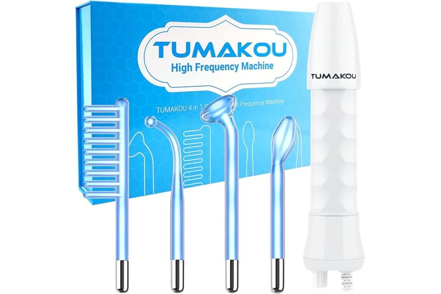 High Frequency Facial Wand – TUMAKOU Portable Handheld Blue High Frequency Facial Machine – 4 Different Blue Glass Tubes for Skin