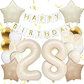 Happy 28th Birthday Decorations For Women, White Happy Birthday Banner, Beige 28 Balloon Number 40 Inch, 28th Birthday Balloons For White And Gold Birthday Decorations