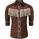 TURETRENDY Men's Western Cowboy Fringe Shirt Long Sleeve Rose Embroidered Slim Fit Button Down Shirt