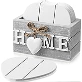 Patelai Set of 6 Wooden Heart Coasters House Warming Gifts New Home White Elephant Gifts for Adults Funny Farmhouse Coasters with Holder for Coffee Table Protection Decoration(Home,Grey)