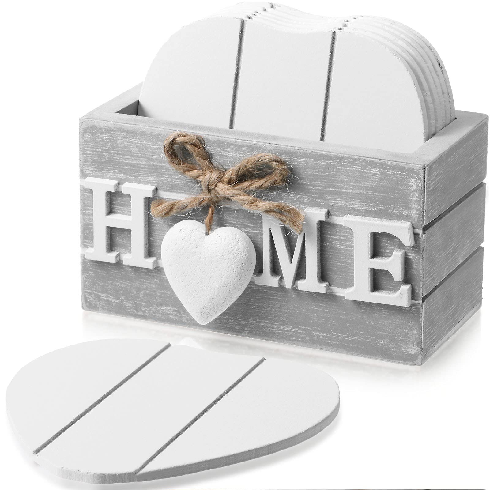 Photo 1 of Wooden Heart Coasters for Drinks Set of 6 Funny Farmhouse Coasters with Holder for Coffee Table Protection Housewarming Gifts for New Home Decoration, 4 Inch(Home,Grey)
