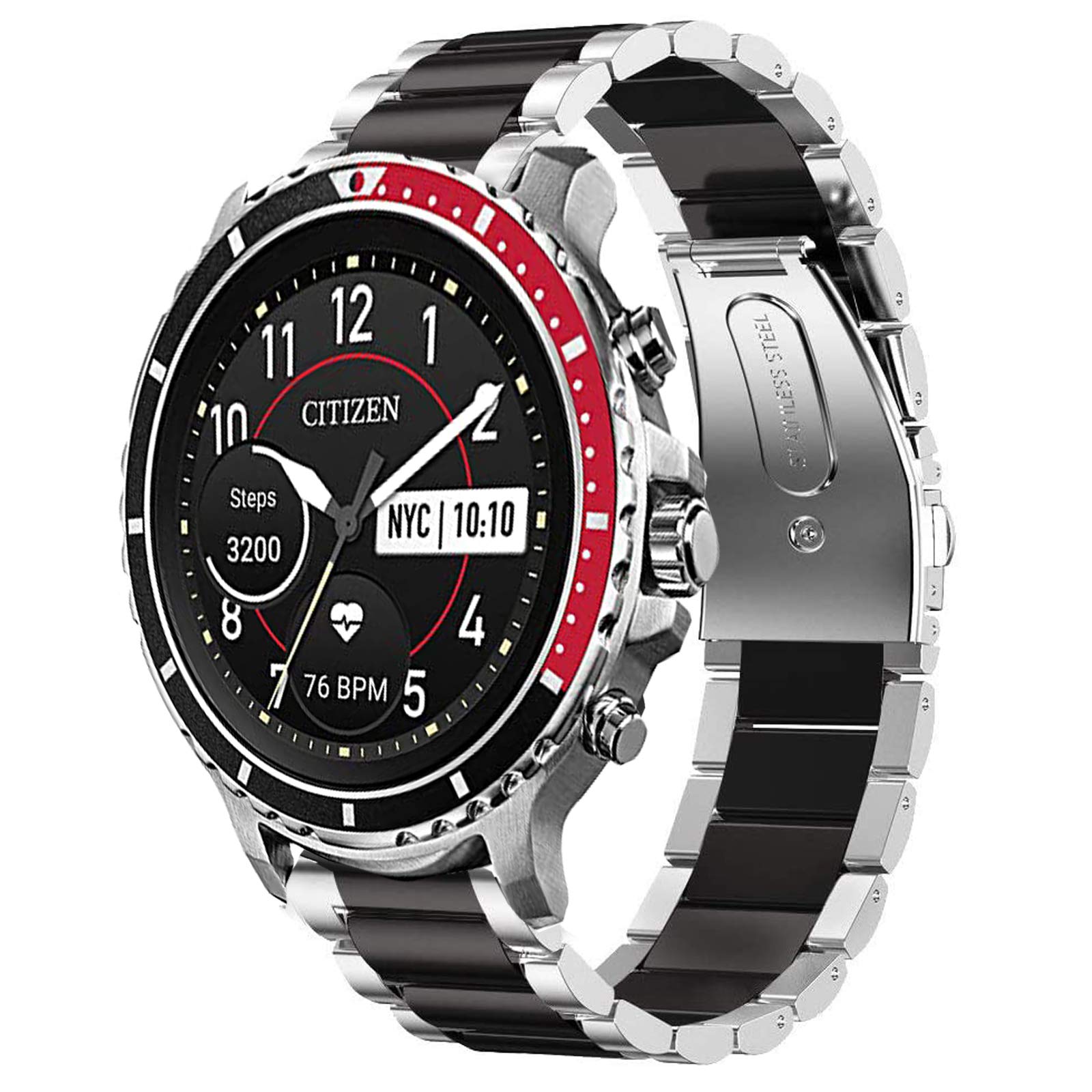 onetuo Compatible with Citizen CZ Bands, Stainless Steel Metal Replacement Straps Compatible for Citizen CZ Smartwatch (Silver-Black)