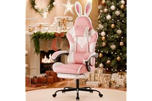 Cute Gaming Chair with Rabbit Ears, Ergonomic Computer Desk Chair with Footrest, Reclining & Massager High Back Office Chair,