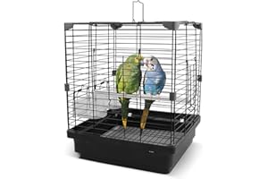 COKUUCO Small Bird Cage for Parakeets, Budgies & Canaries and More Small Birds - Lightweight Travel Birdcage & Bird Carrier with Handle, Stand, Removable Tray, Portable for Hanging, Outdoor Use, Black
