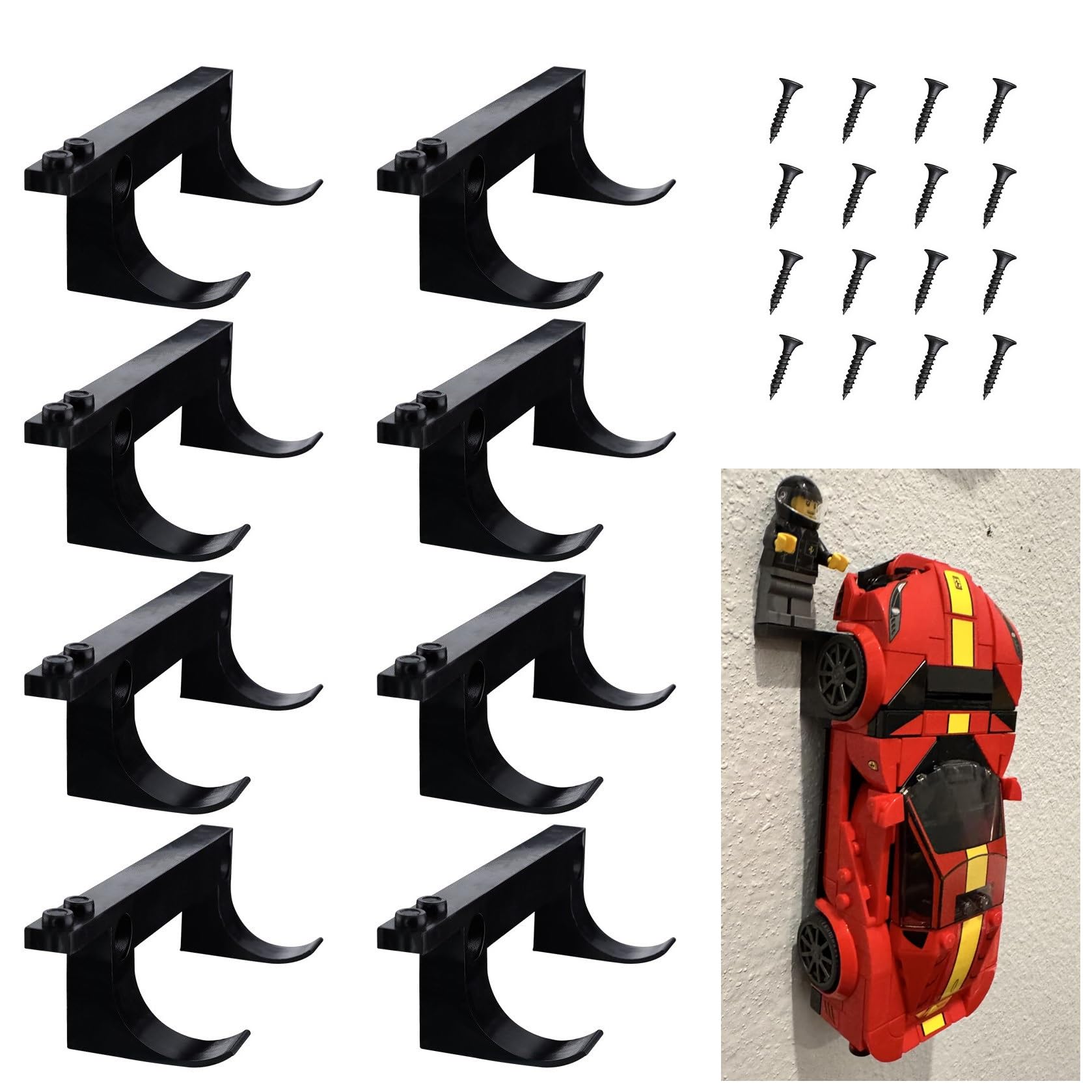 Photo 1 of 8 Pcs Wall Mount Fit for Any Lego Speed Champions Sets, Wall Bracket for Lego Speed of Champions Brick Cars with a Base for The Pilot/ Figure, Display Collectible Cars by Wheels on Wall, Black