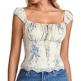 KUTUMAI Floral Lace Corset Top Y2k Square Neck Smocked Bustier Going Out Tie Cute Crop Tops for Women Summer
