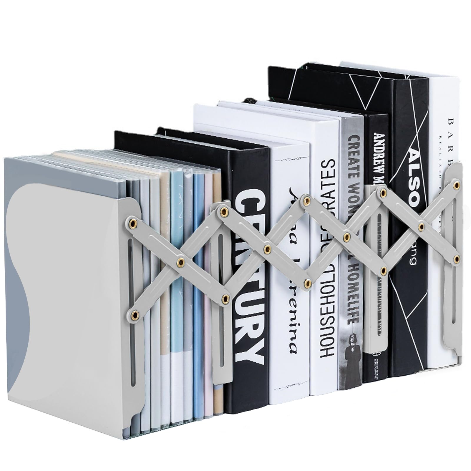 Book Ends - Adjustable Metal Book Ends for Shelves, Heavy Duty Expandable Bookends, Desk Bookshelf Book Storage Stand Book Holder Book Stopper Book Organizer Rack for Kids Home Office School (Grey)