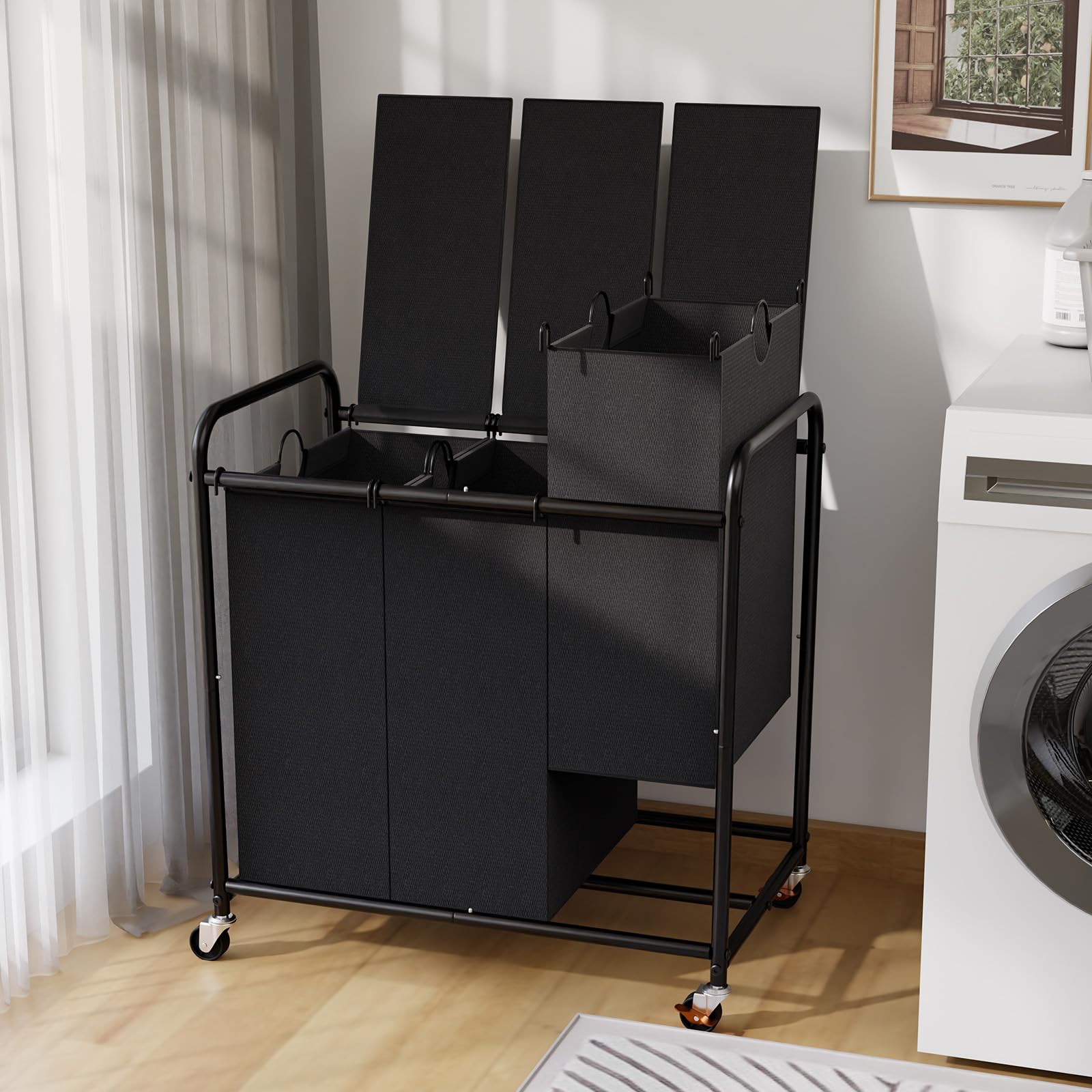 Photo 1 of 3-Compartment Laundry Cart with Lockable Wheels & Lid 180L Large Wheeled Laundry Basket Heavy-Duty Sorting Organizer for Laundry Room (Black)