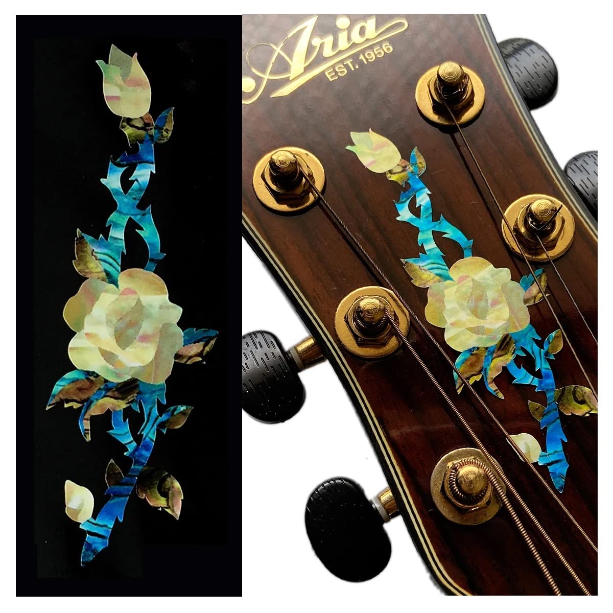Inlaystickers for Guitar Headstock - Rose Vine H-118rv-wt