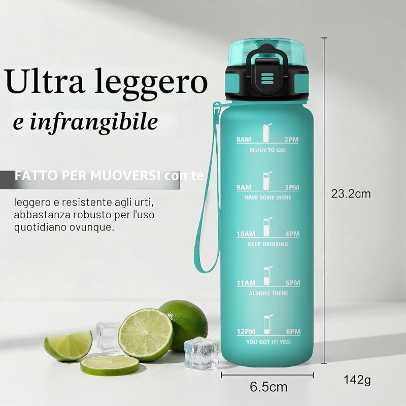 Borraccia 500ml, Bottiglia con Filtro, a Prova di Perdite, Bottiglia Acqua con Indicatore del Tempo, per Campeggio, Viaggio, Corsa
