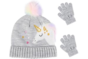 QKURT 2 Pcs Kids Winter Knitted Hat Gloves Set, Warm Beanie Gloves Set Unicorn Pattern Cap for 3-5 Years Old Girls